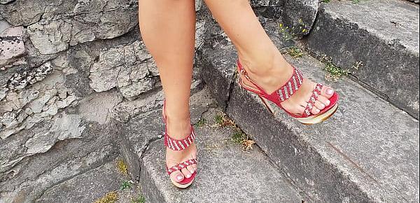  Sexy lady with awesome feet with high heels red sandals